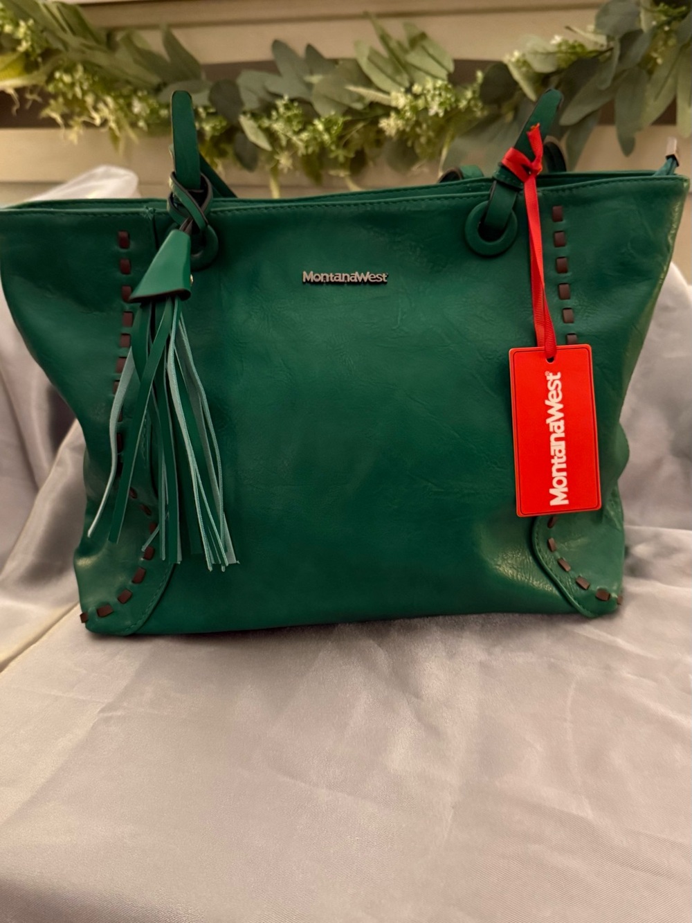 Montana West Green Vegan Leather Tote with Tassel Accent